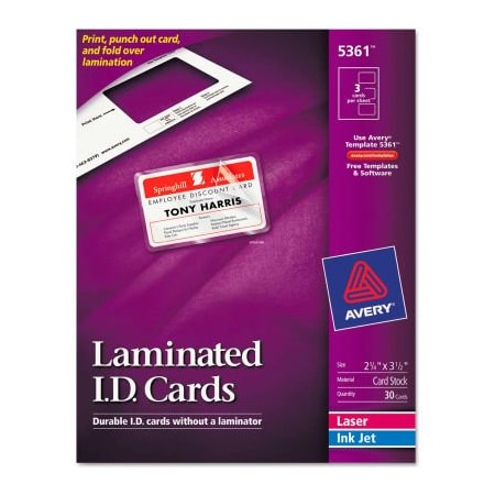 Avery Avery Laminated Laser/Inkjet ID Cards, 2-1/4" x 3-1/2", White, 30/Box 5361